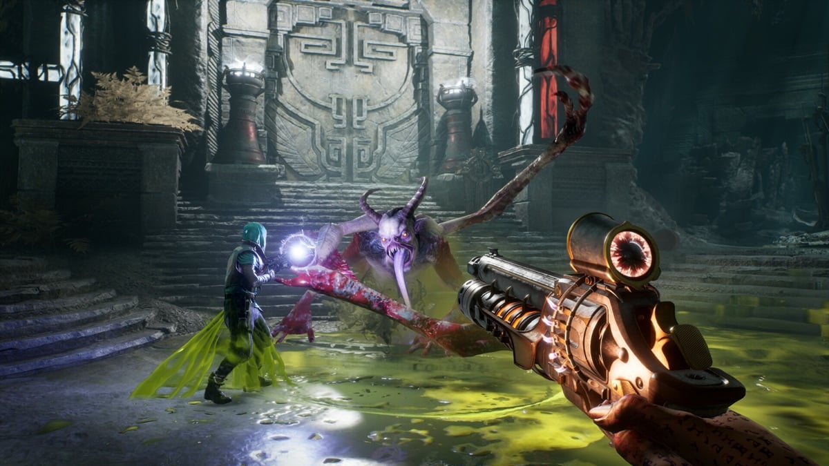 Newly revealed Painkiller game from Future Games Show Spring Showcase 2025 shows player wielding a high-tech revolver and shooting a acid-spewing demon