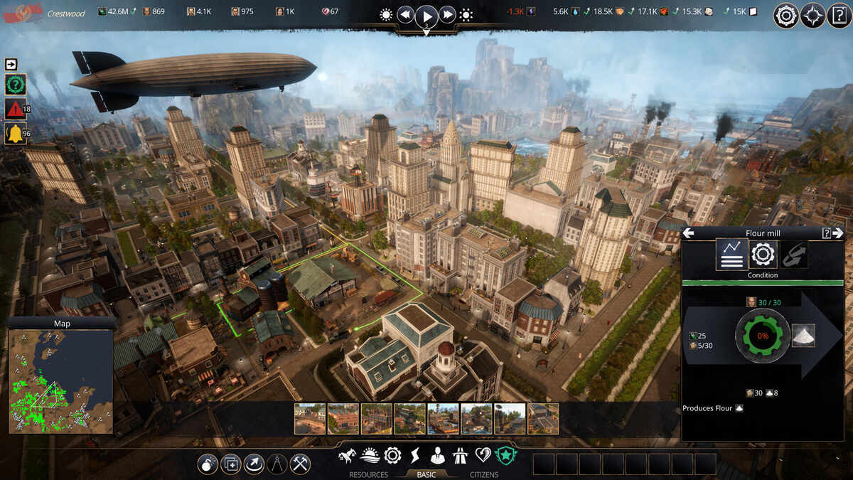 A view of an advanced city with tall buildings and a zeppelin in Kaiserpunk