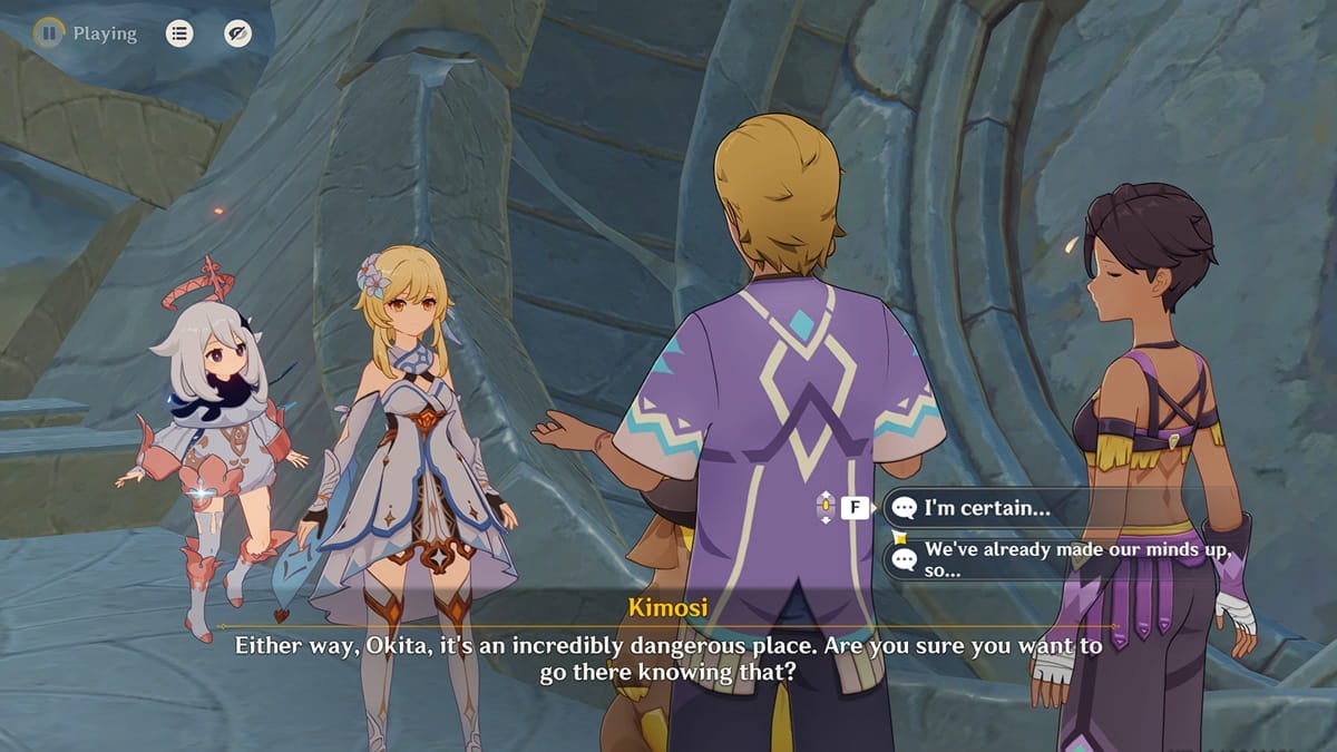 Kimosi and Nzaya talking to Traveler and Paimon