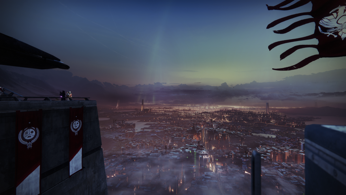 Destiny 2 city skyline in the Tower.